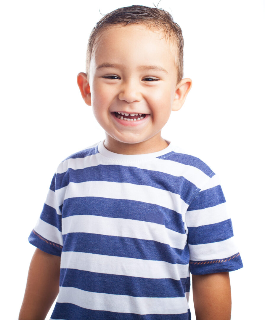 child laughing with stripes blue and white on a white background